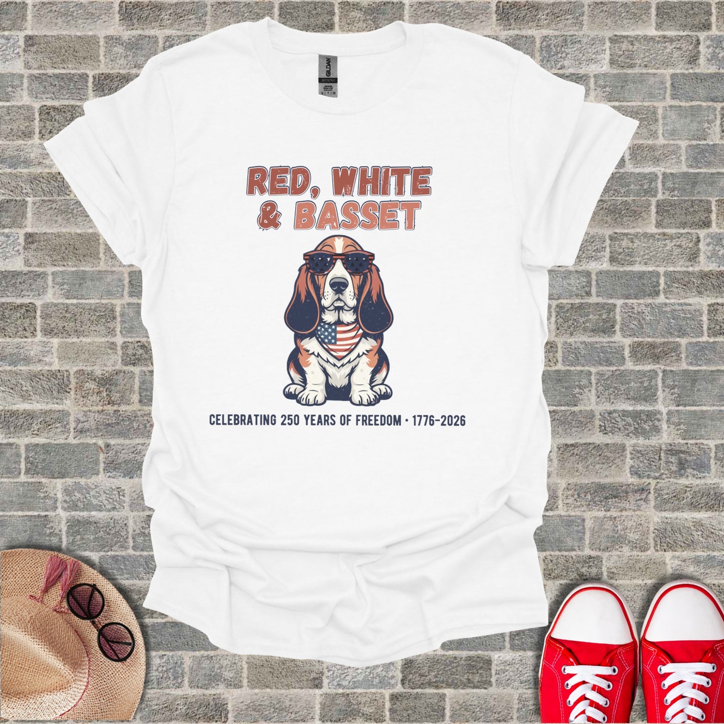 White t-shirt with "Red, White & Basset" and patriotic dog graphic.