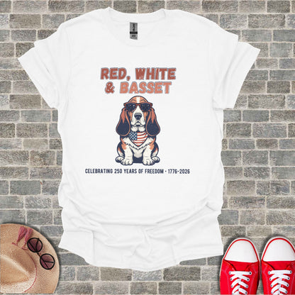 White t-shirt with "Red, White & Basset" and patriotic dog graphic.