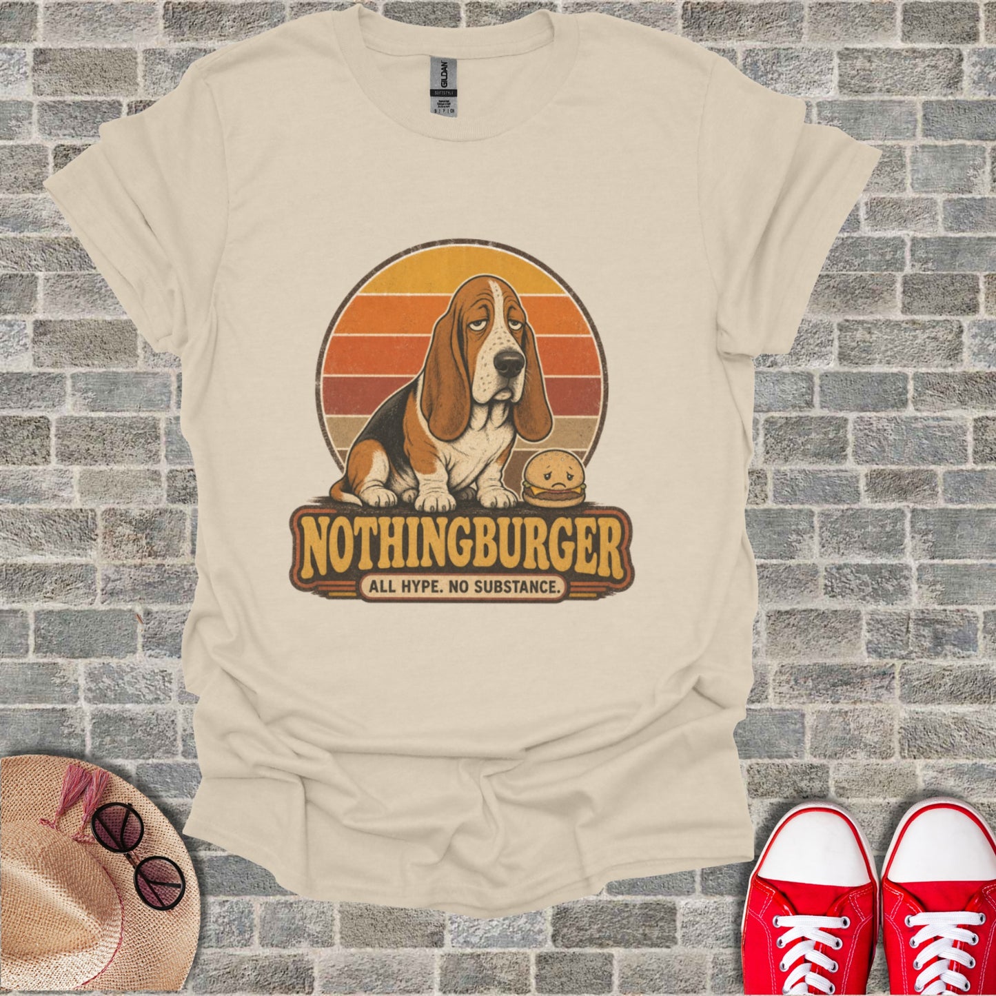 Sad Basset Hound with a hamburger and text "Nothingburger All Hype. No Substance."