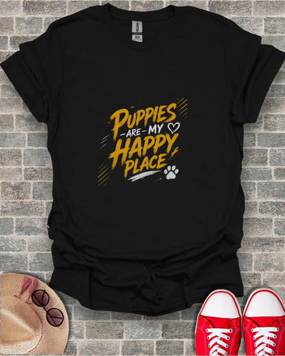 Black t-shirt with "Puppies Are My Happy Place" text and paw print.