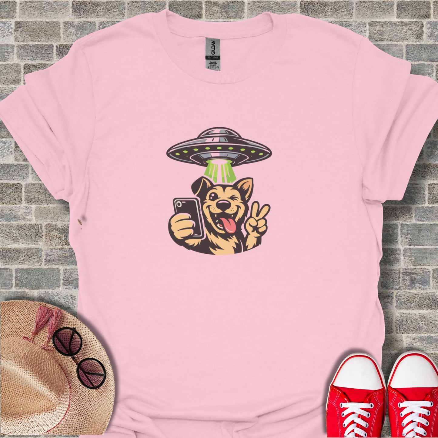Alien Abduction Selfie Shirt with Dog and UFO Design