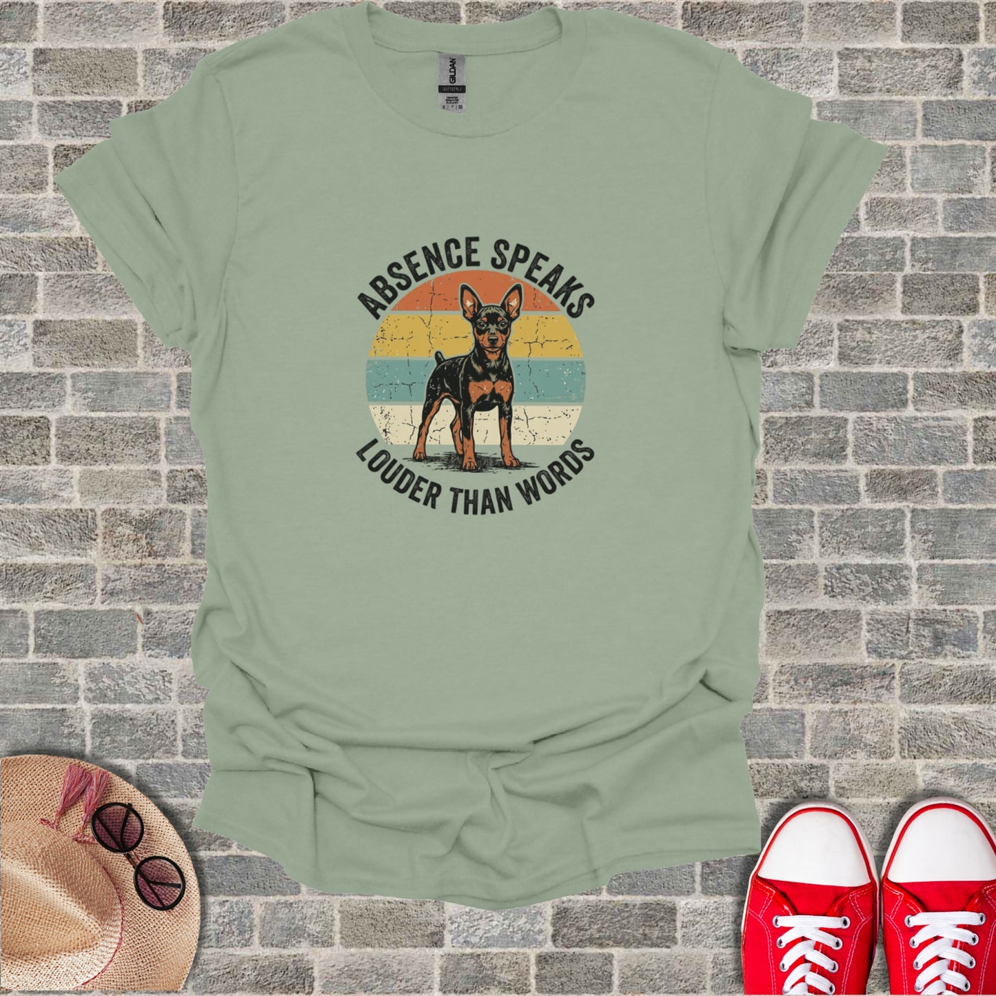T-shirt with vintage dog graphic and "Absence Speaks Louder Than Words" text.