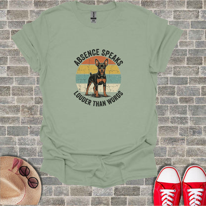 T-shirt with vintage dog graphic and "Absence Speaks Louder Than Words" text.