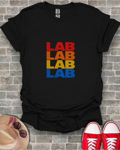 Black t-shirt with "LAB" repeated four times in red, yellow, blue, and green.