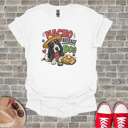 White t-shirt with graphic of a dog in a sombrero next to nachos.