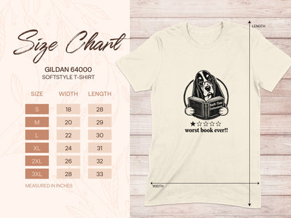Gildan 64000 size chart with graphic of dog reading a book.
