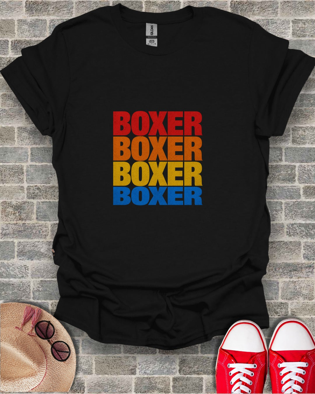 Black t-shirt with "BOXER" printed in red, orange, and yellow text.