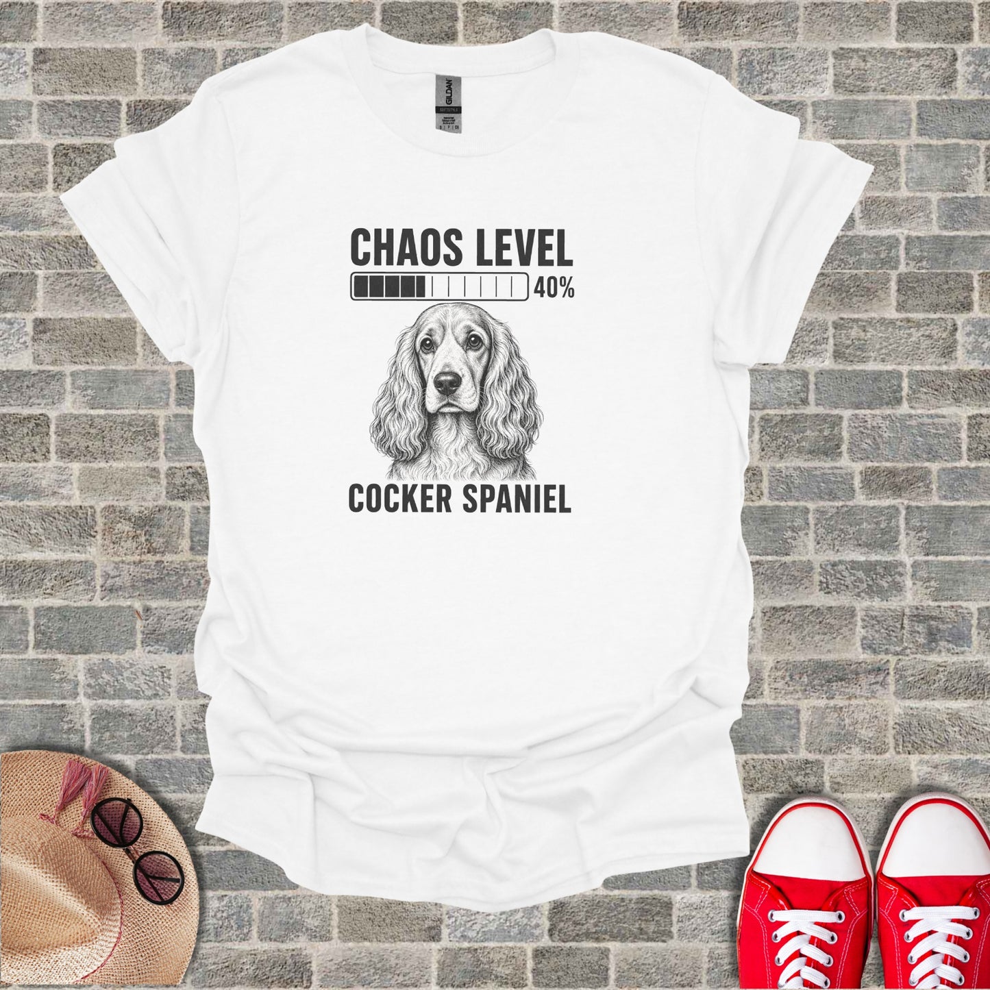 White t-shirt with "Chaos Level 40%" and Cocker Spaniel graphic.