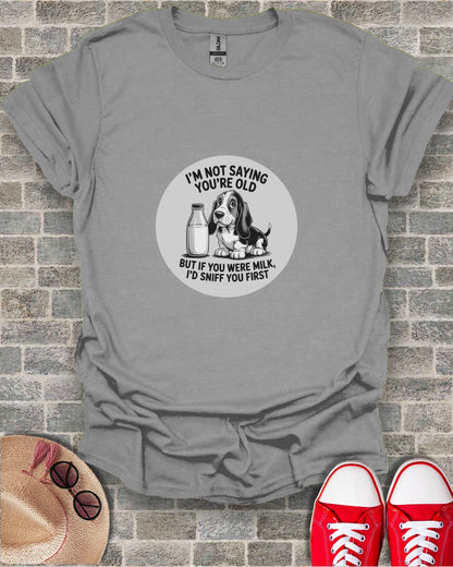 T-shirt with a beagle and milk bottle, stating "I'd sniff you first".