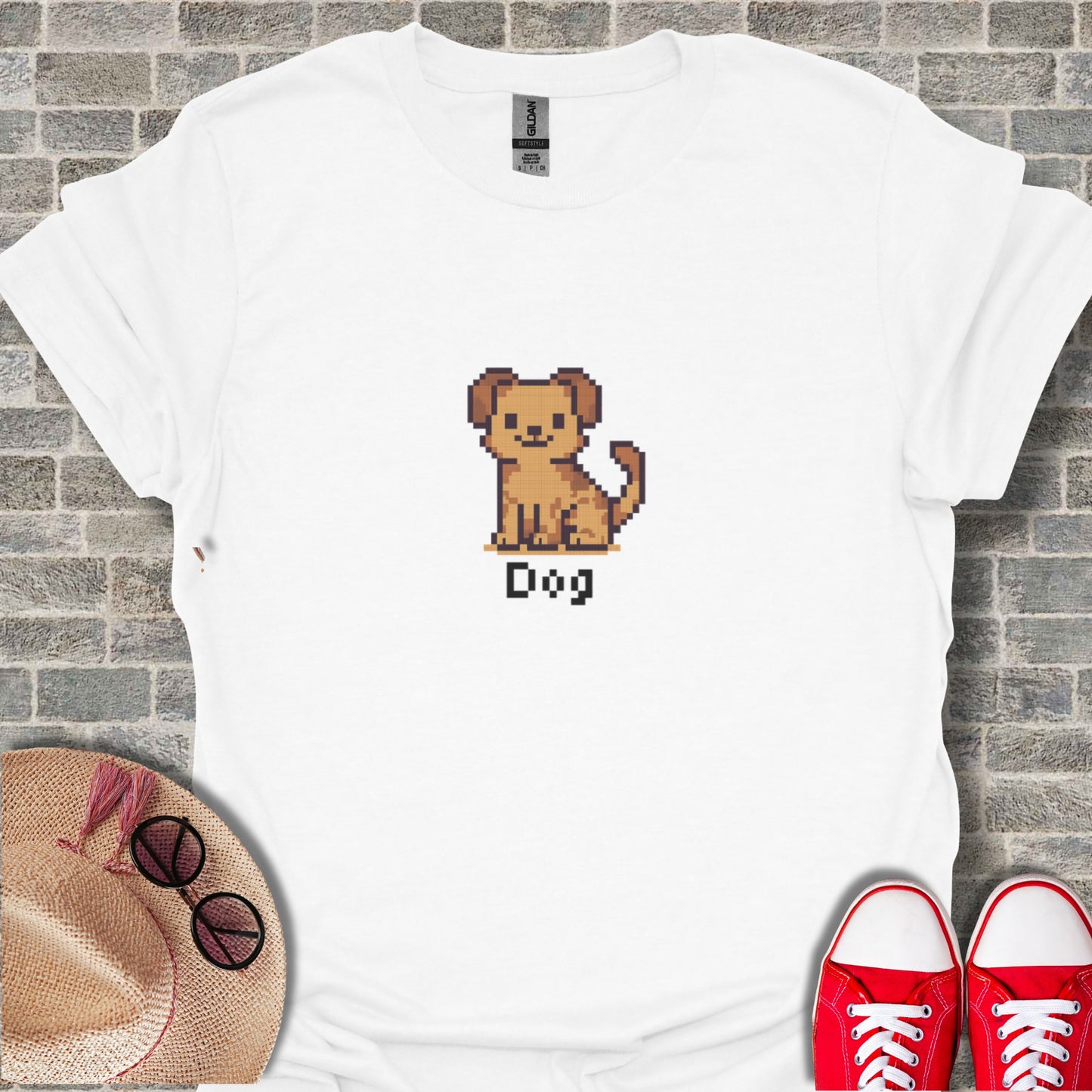 Cute Pixel Art Dog Design White T-shirt for Casual Wear
