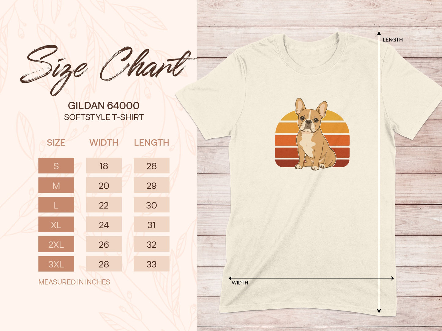 Gildan 64000 Softstyle t-shirt size chart with French bulldog graphic.