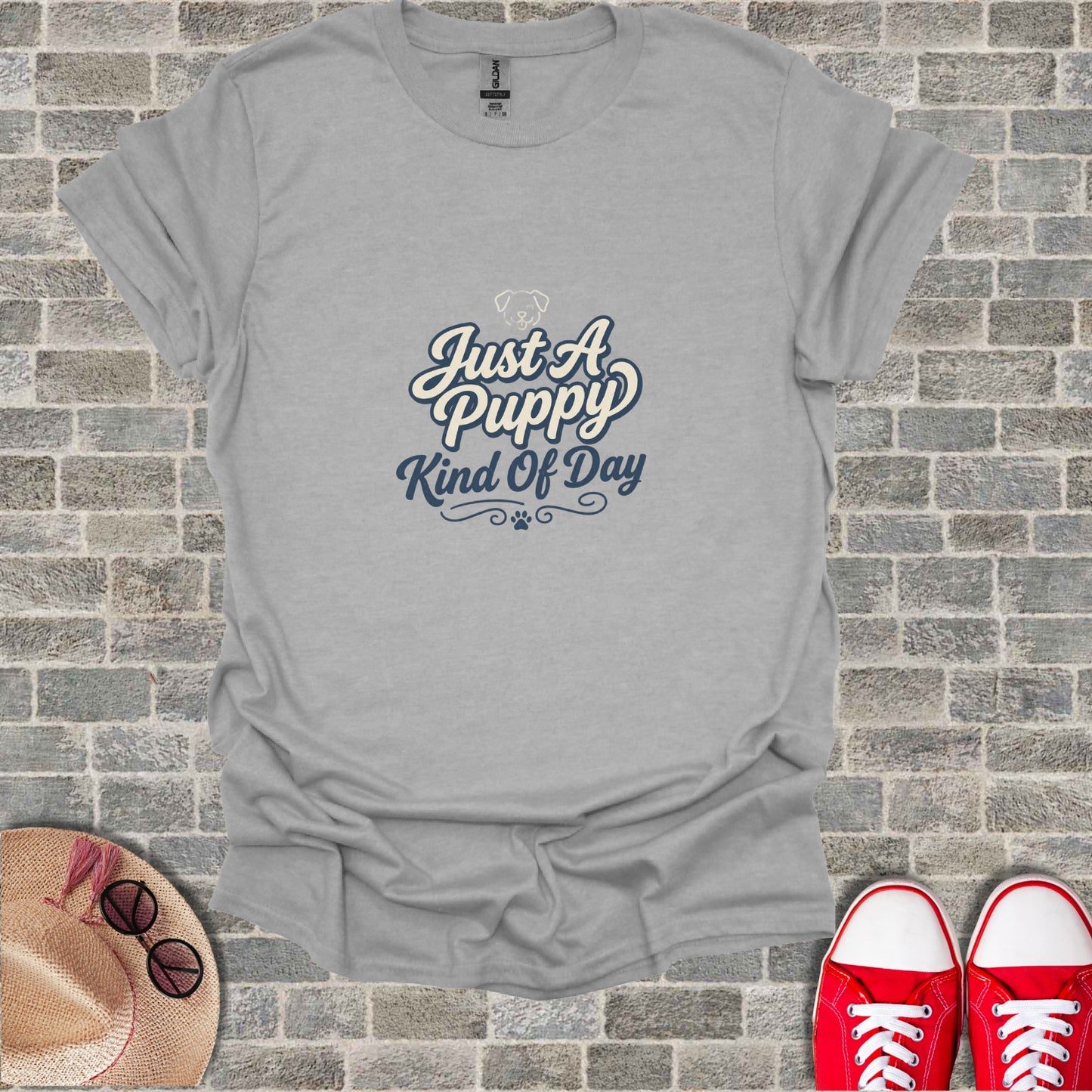 Gray t-shirt with "Just A Puppy Kind Of Day" text and puppy graphic.