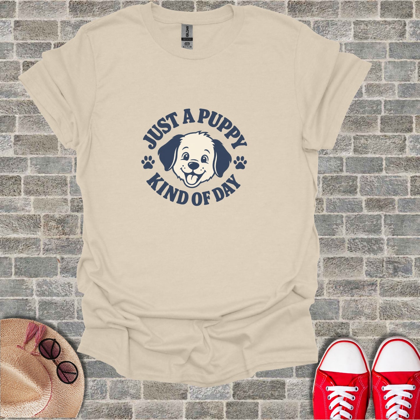 T-shirt with "Just a puppy kind of day" graphic featuring a cartoon dog.