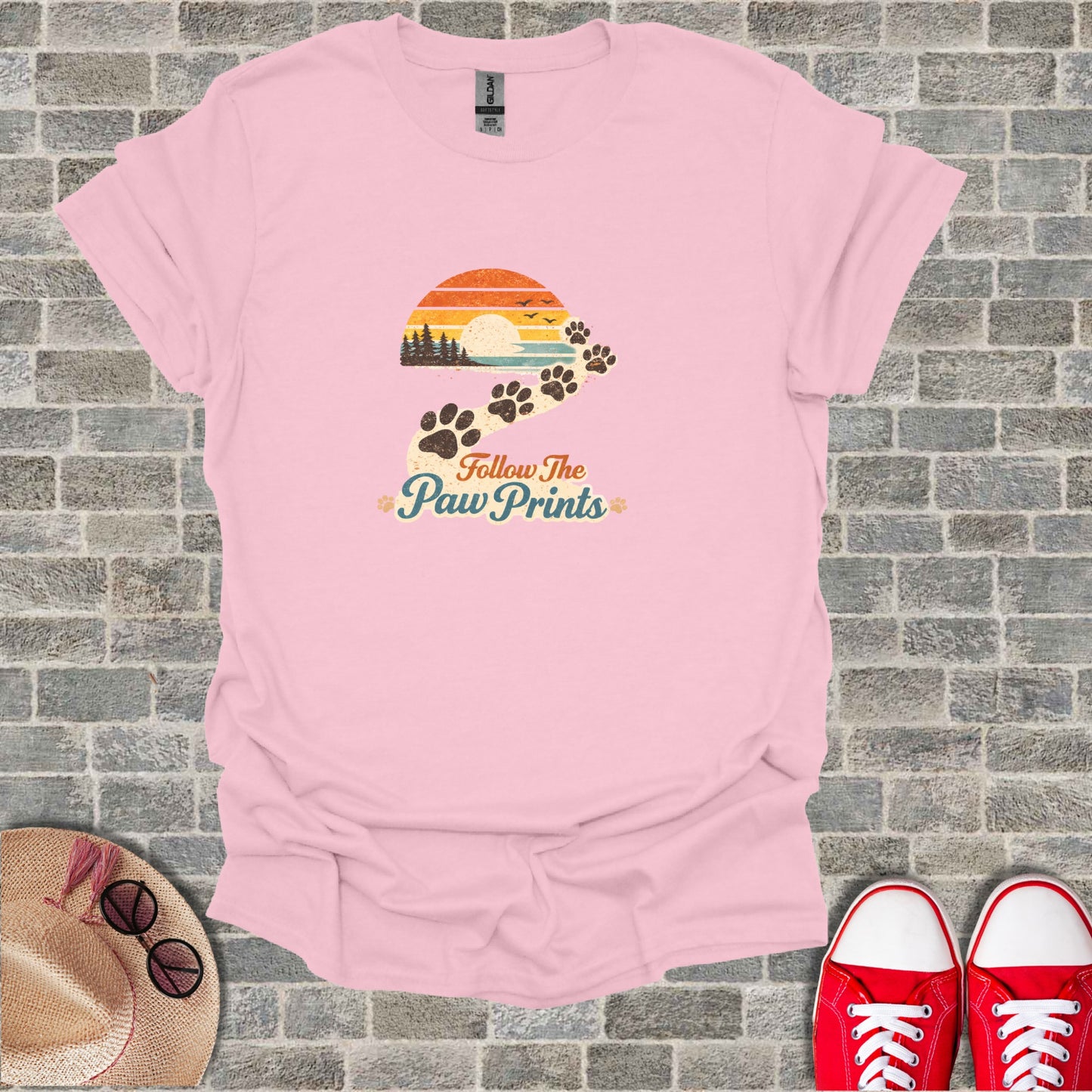 Follow The Paw Prints Sunset Trees Birds T-Shirt product type