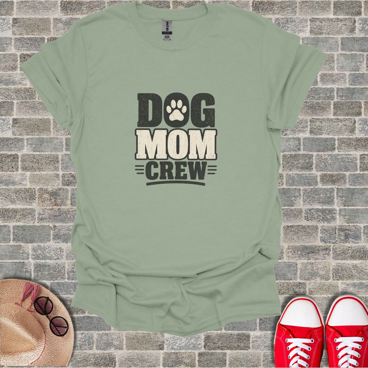Light green t-shirt with "Dog Mom Crew" text and paw print.