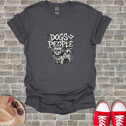 Dark gray t-shirt with "Dogs > People" graphic and cartoon dog.