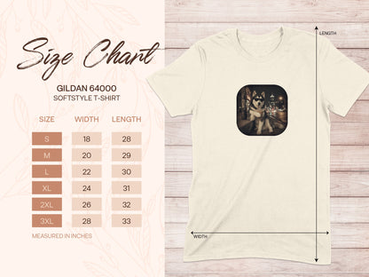 Gildan 64000 Softstyle T-shirt size chart with husky graphic, measured in inches.
