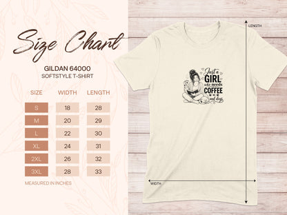 Gildan 64000 t-shirt size chart with illustration of a girl, coffee and dogs.