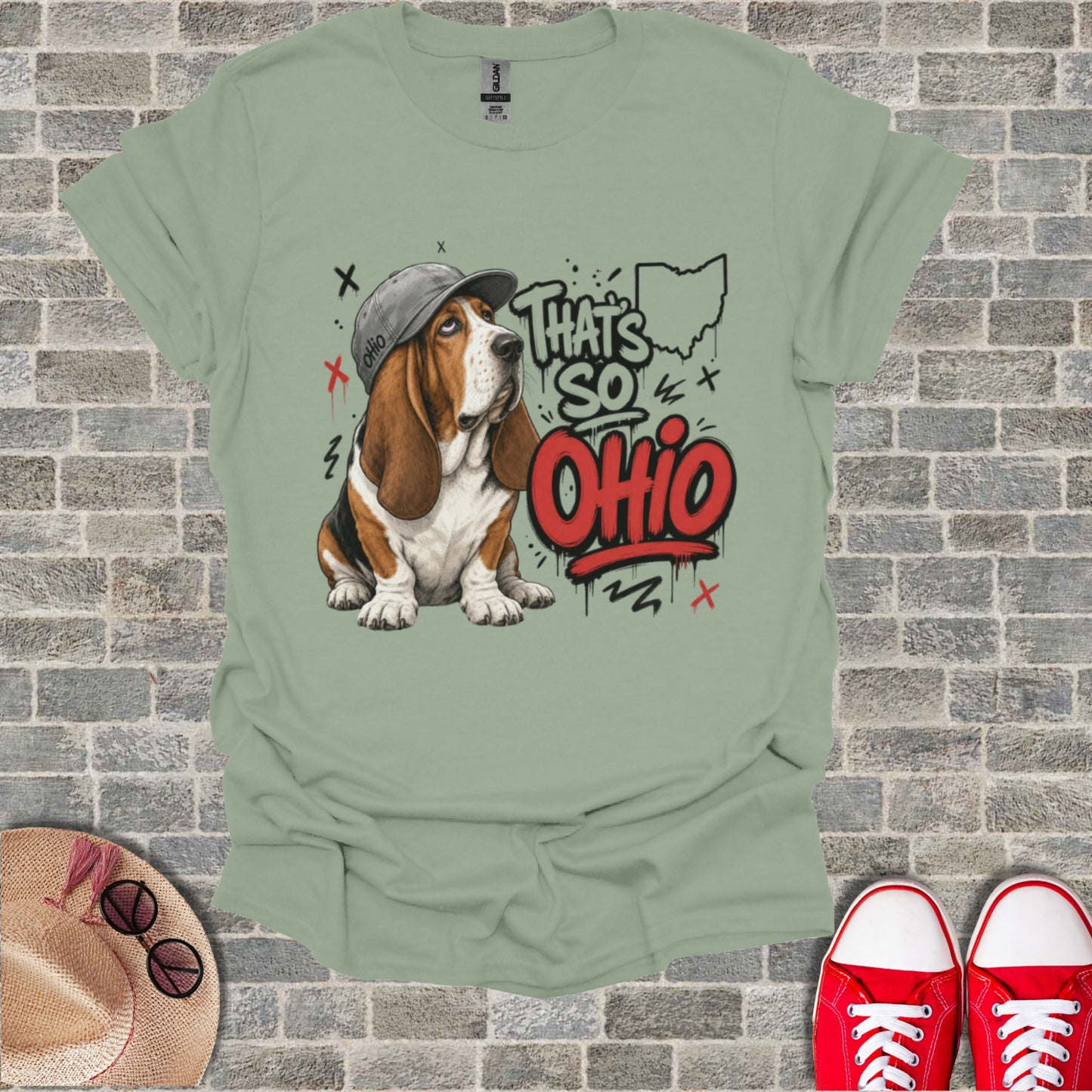 Basset hound in a hat with "That's So Ohio" text and state outline.