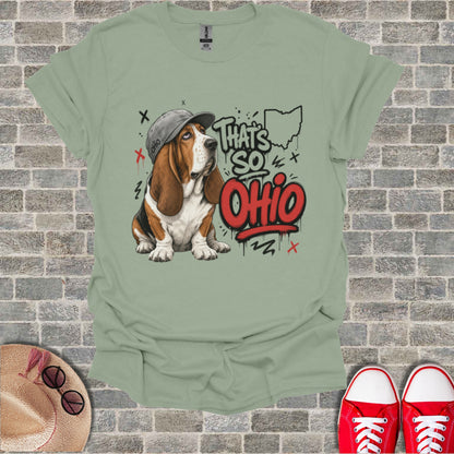 Basset hound in a hat with "That's So Ohio" text and state outline.