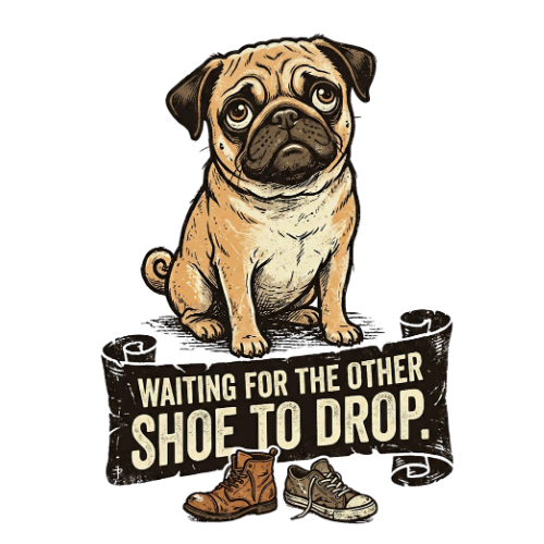 Sad pug sits on a banner with text and two shoes below.