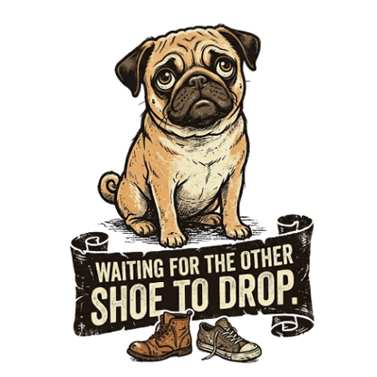 Sad pug sits on a banner with text and two shoes below.