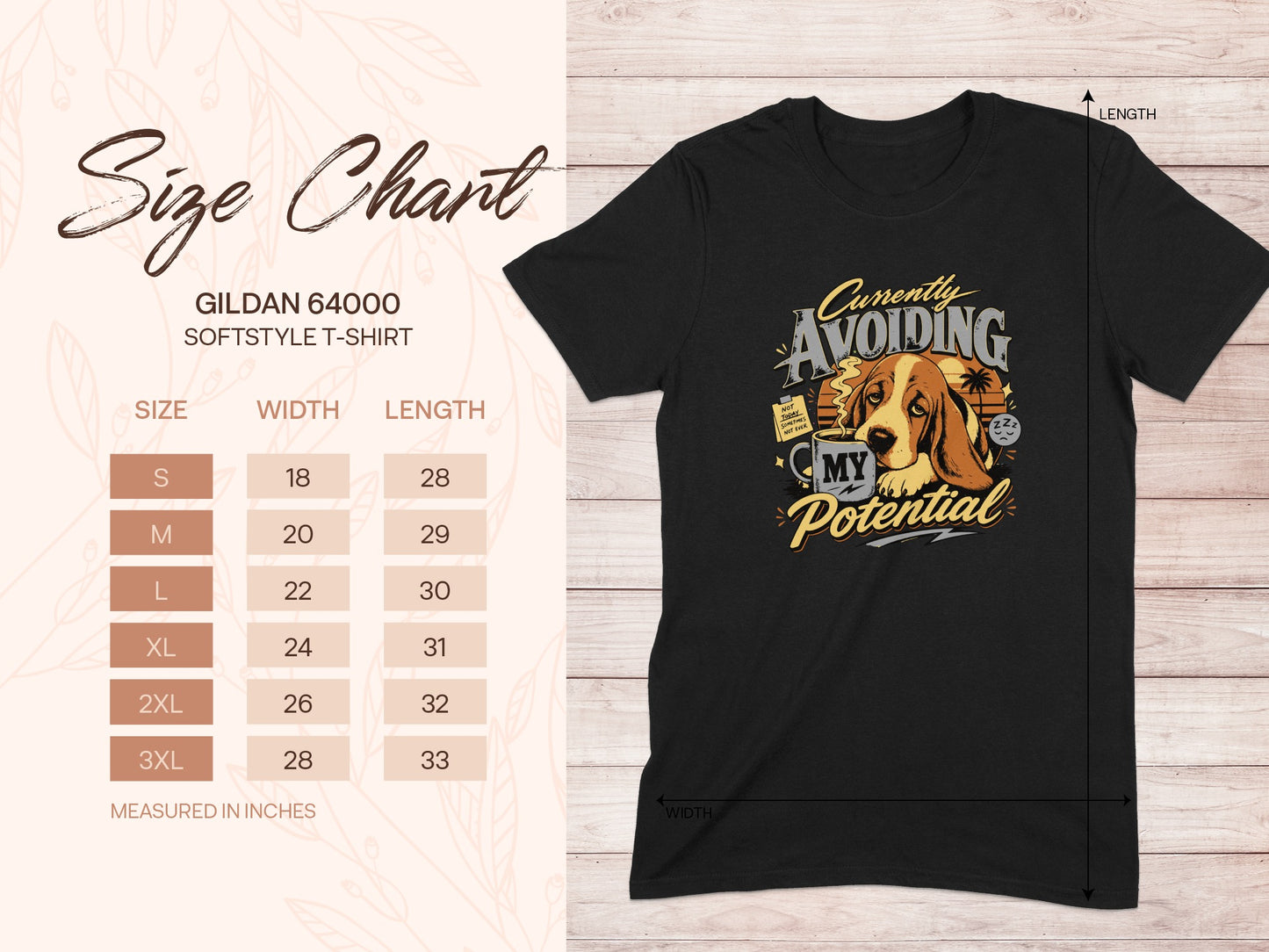 Black t-shirt with a basset hound graphic and size chart.