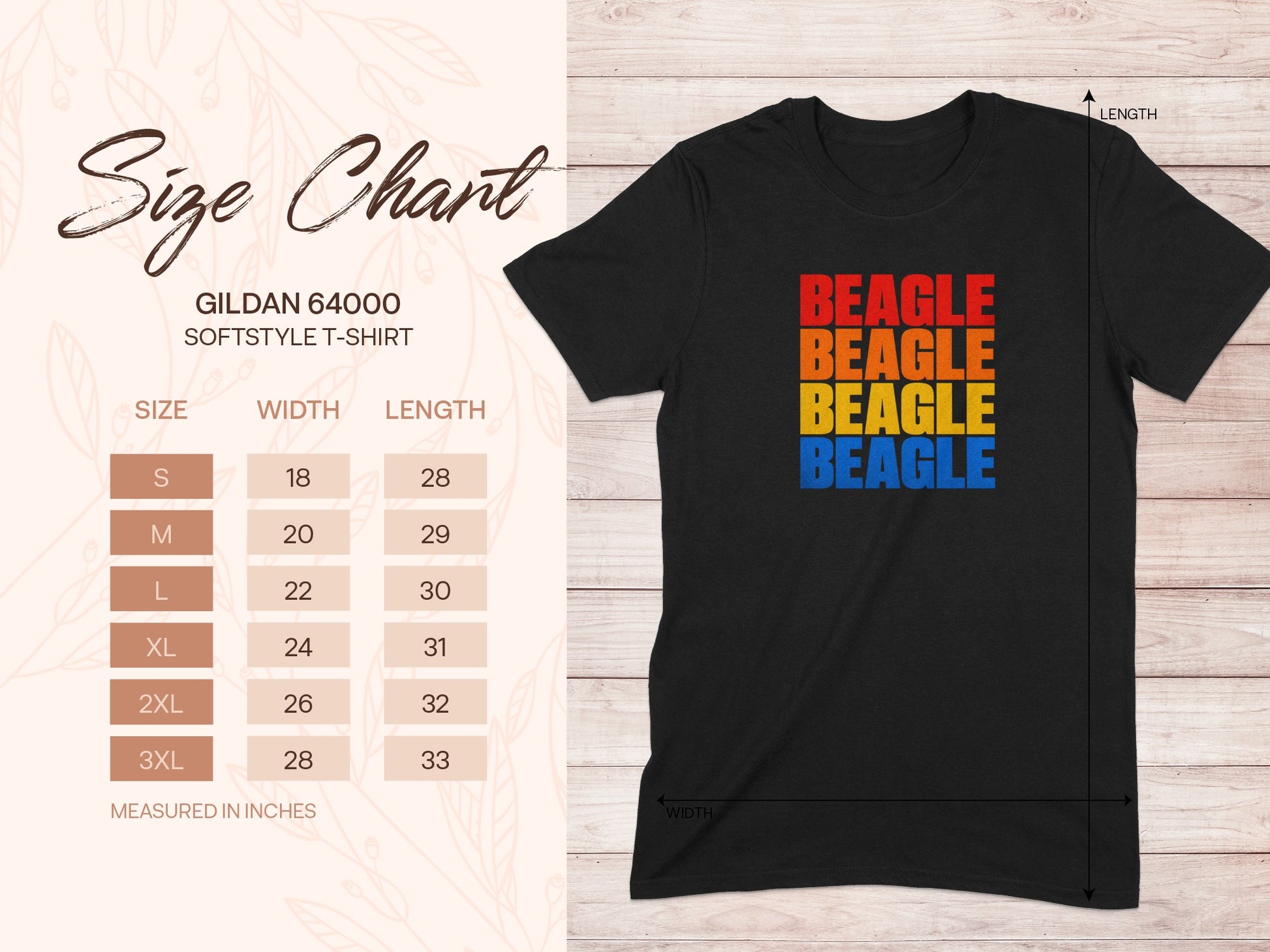 Gildan 64000 t-shirt size chart with Beagle graphic.