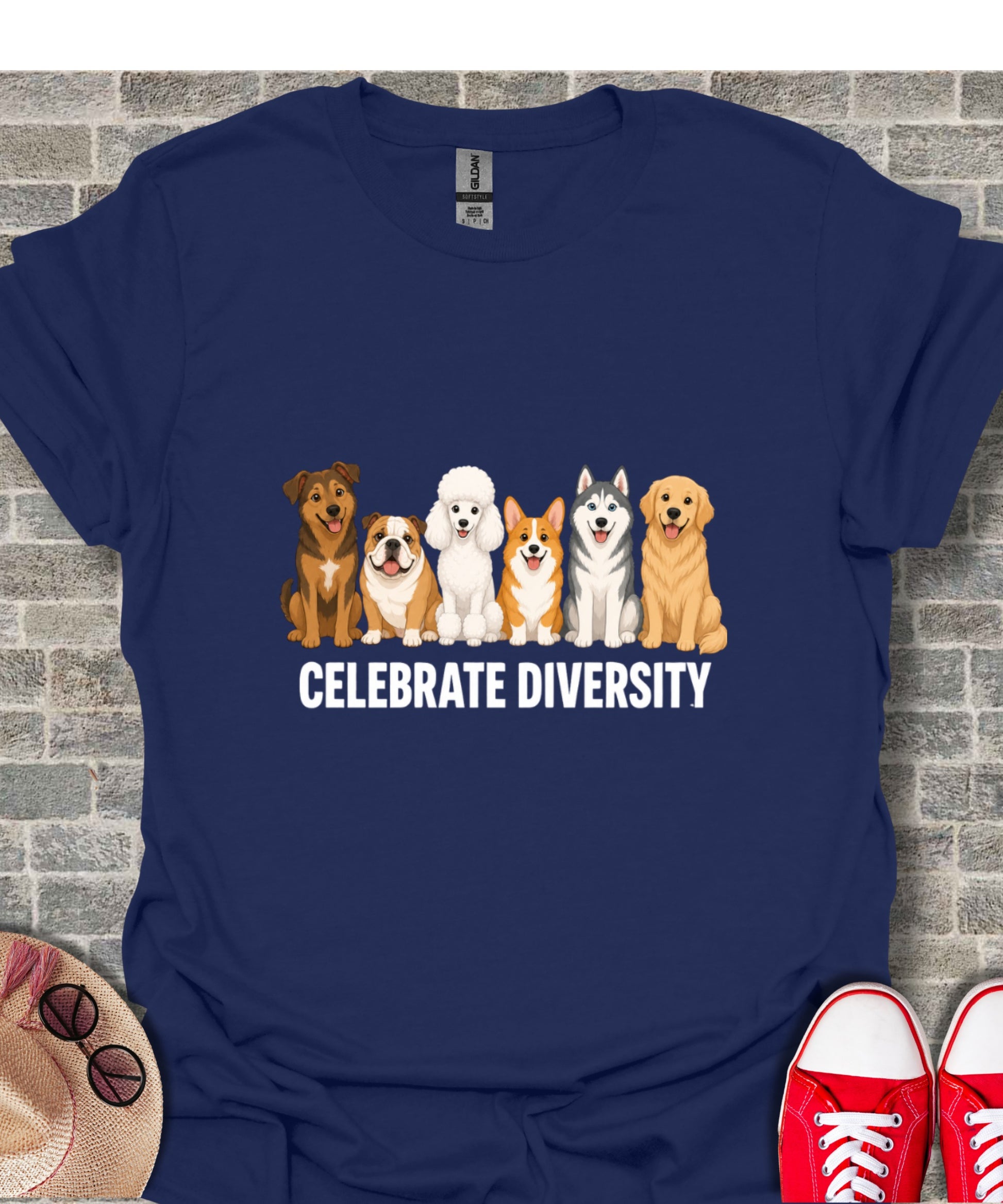 T-shirt with cartoon dogs and text "CELEBRATE DIVERSITY".