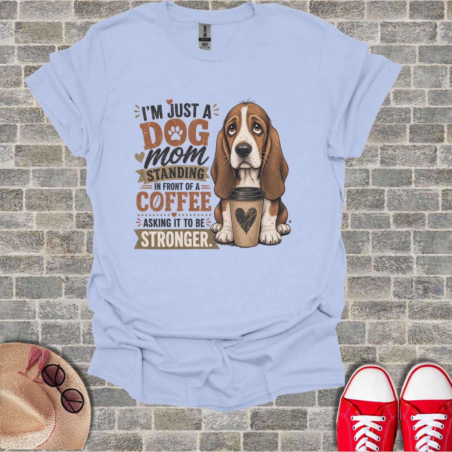 Basset hound with "I'm just a dog mom asking it to be stronger" text.