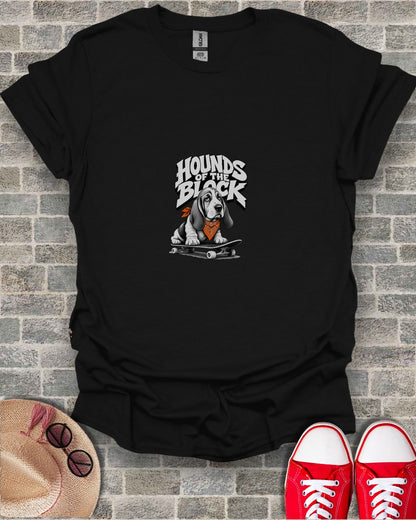 Black t-shirt with "Hounds of the Black" text and a Basset Hound on a skateboard.