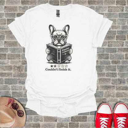 French bulldog wearing glasses reading a book titled "Impulse Control".