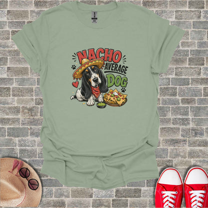 Basset hound wearing sombrero with nachos, "Nacho Average Dog" text.
