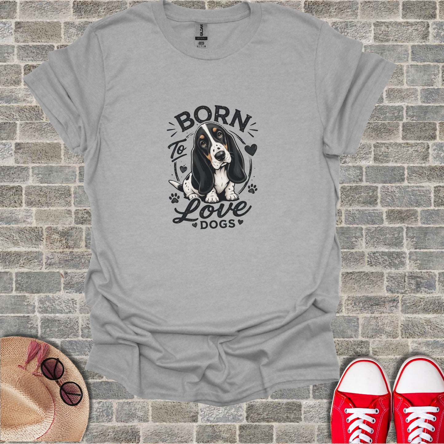 Gray t-shirt with "Born to Love Dogs" and a Basset Hound graphic.
