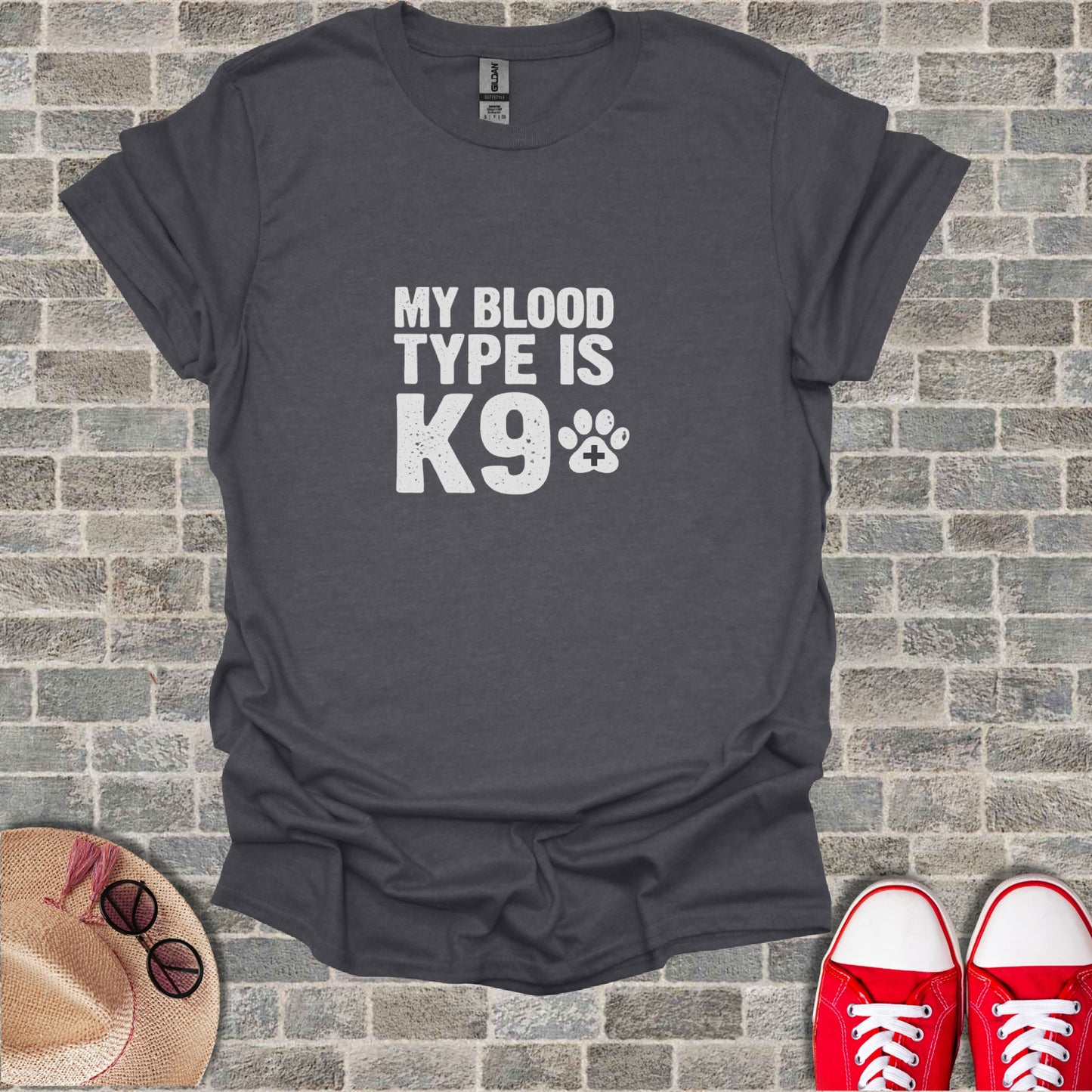 Dark gray t-shirt with "MY BLOOD TYPE IS K9" and a paw print.