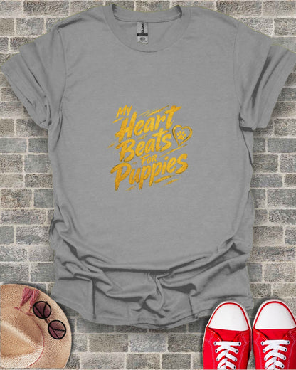 Grey t-shirt with gold text "My Heart Beats for Puppies" and a small heart.