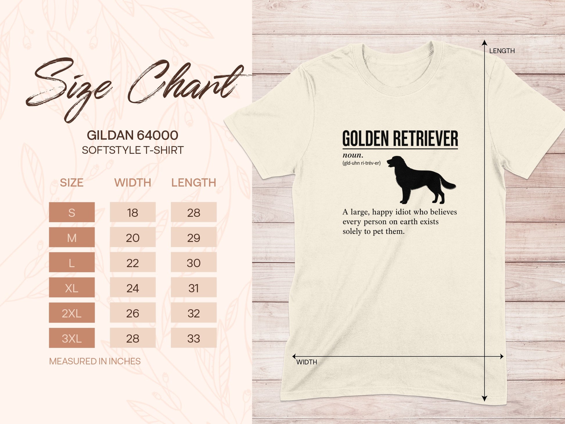 Gildan 64000 Softstyle t-shirt size chart with Golden Retriever graphic.