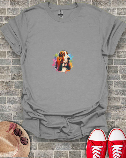 Gray t-shirt with watercolor Basset Hound graphic and colorful paint splatters.