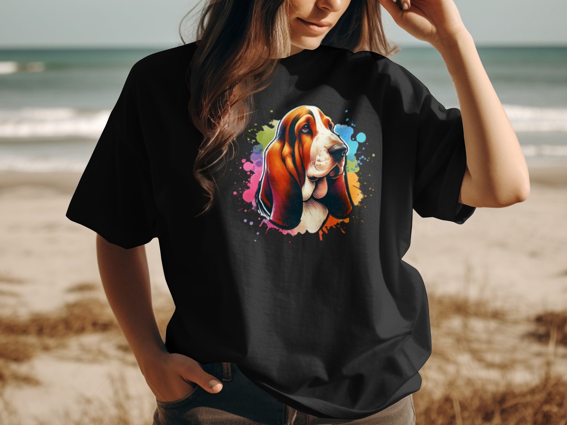 Black t-shirt with a colorful, splattered Basset Hound portrait graphic on the front.