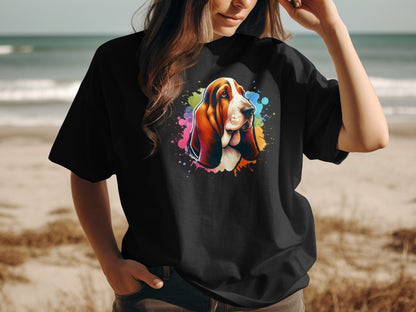 Black t-shirt with a colorful, splattered Basset Hound portrait graphic on the front.
