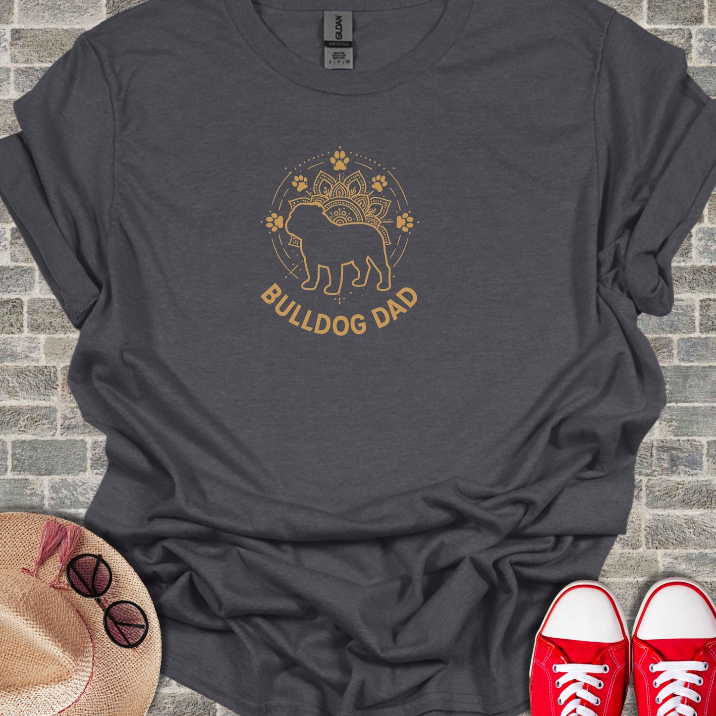 Dark gray t-shirt with "BULLDOG DAD" and bulldog design.