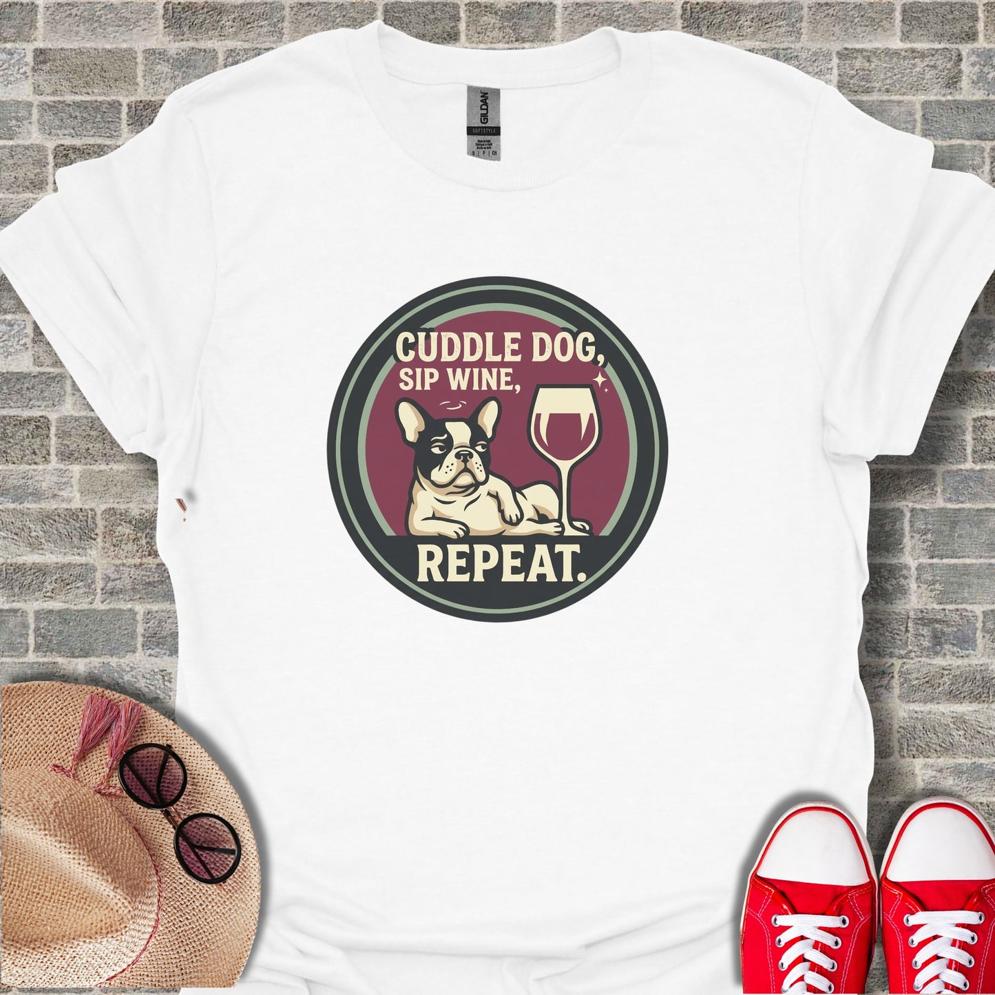 Cuddle Dog Sip Wine Repeat Humorous Graphic T-shirt