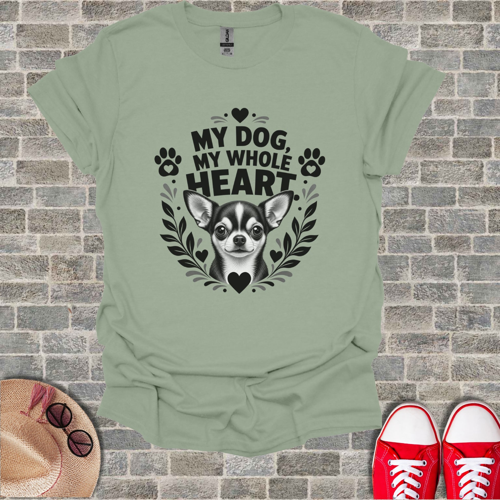 T-shirt with chihuahua and "My dog, my whole heart" text design.
