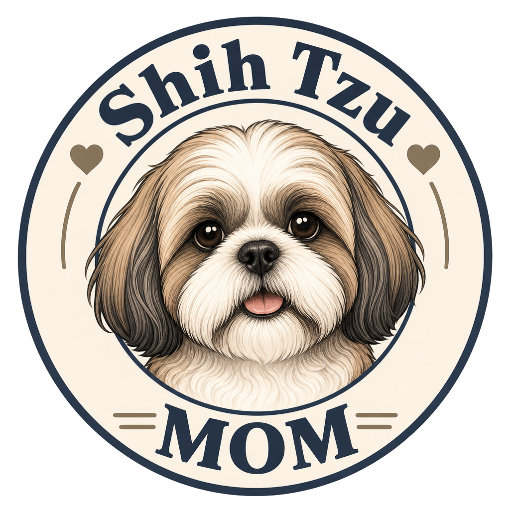 Shih Tzu Mom emblem with illustration of a Shih Tzu dog and text.
