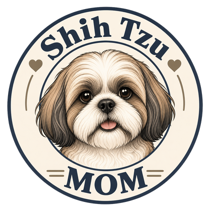 Shih Tzu Mom emblem with illustration of a Shih Tzu dog and text.