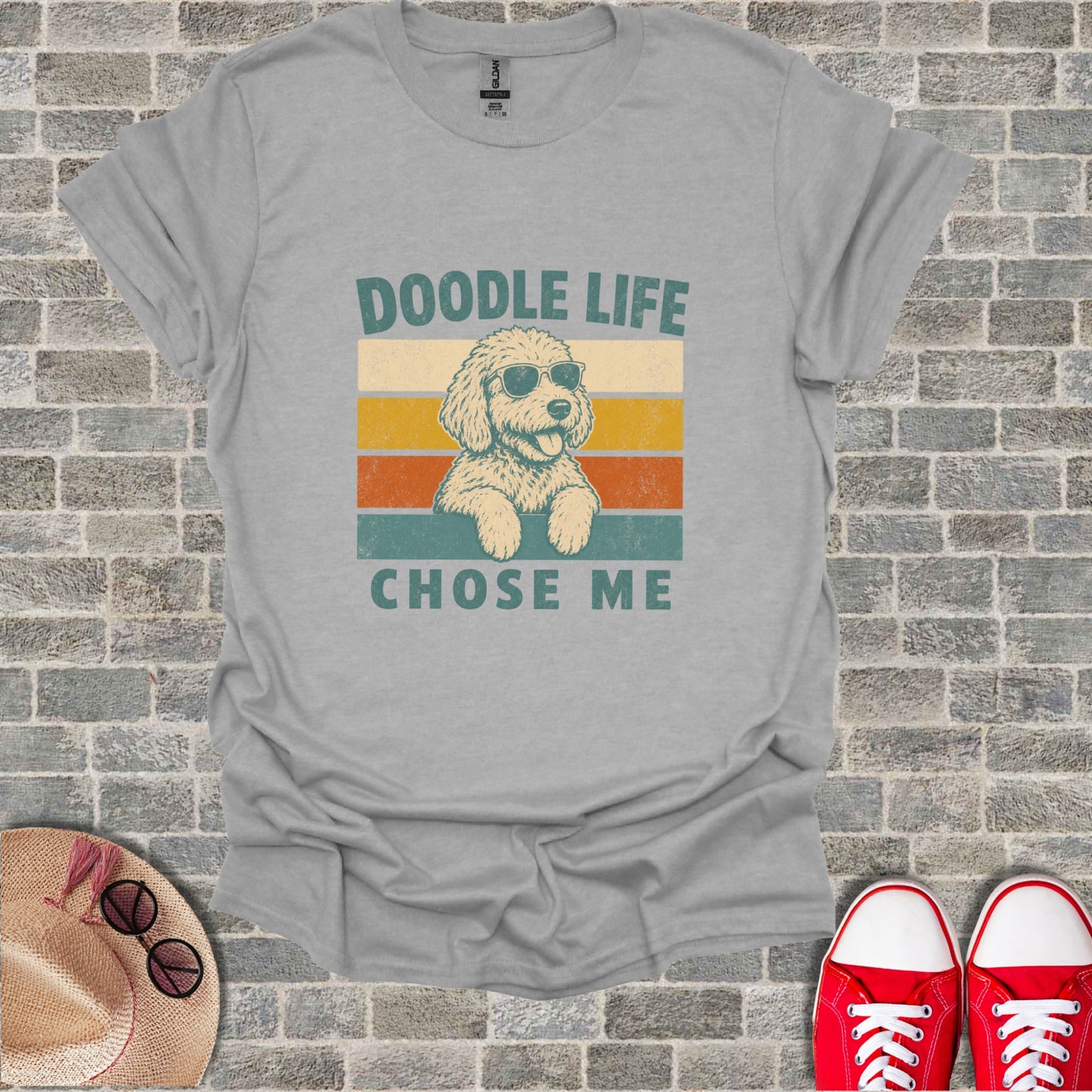 Grey t-shirt with a doodle dog wearing sunglasses and text reading "Doodle Life Chose Me".