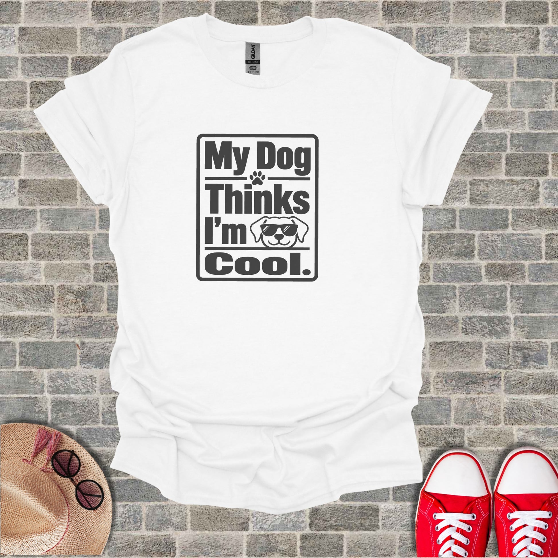 White t-shirt with "My Dog Thinks I'm Cool" and sunglasses-wearing dog graphic.