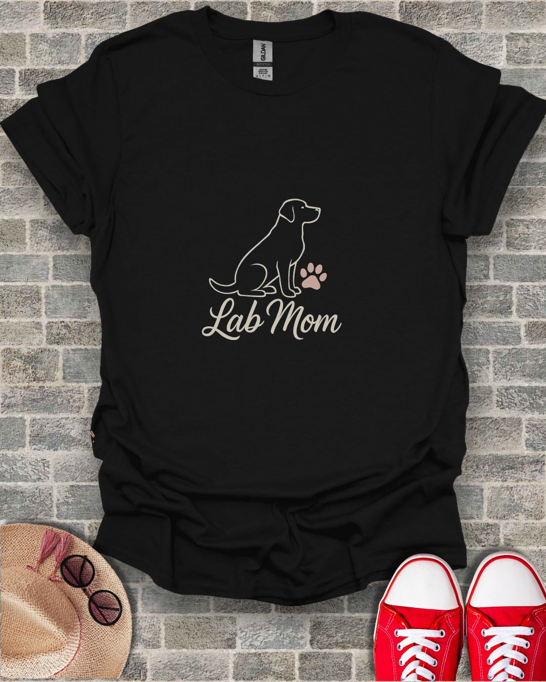 Black t-shirt with a white line drawing of a dog and a paw print, text reads "Lab Mom".