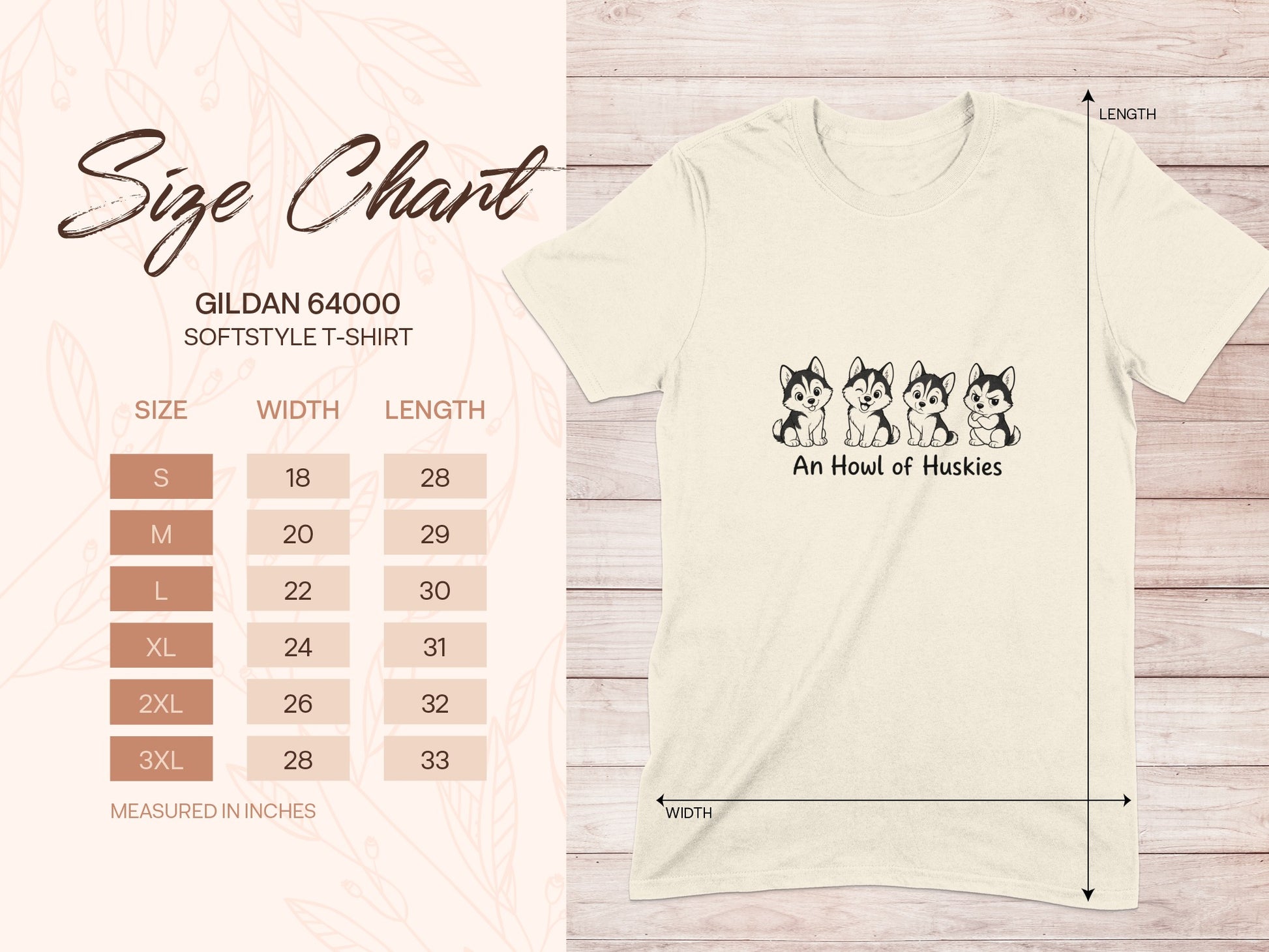 Gildan 64000 Softstyle t-shirt size chart with husky graphic and "An Howl of Huskies" text.