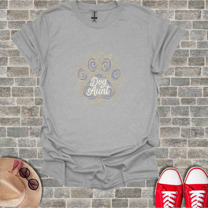 Grey t-shirt with "Dog Aunt" text and paw print design.